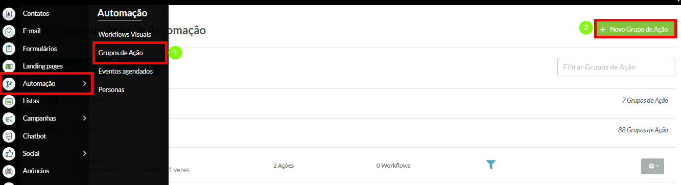 Clique em Automação e depois em Grupo de Ação