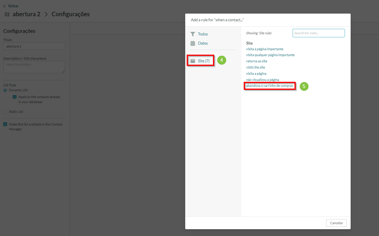 Selecione o gatilho Abandona Carrinho de Compras