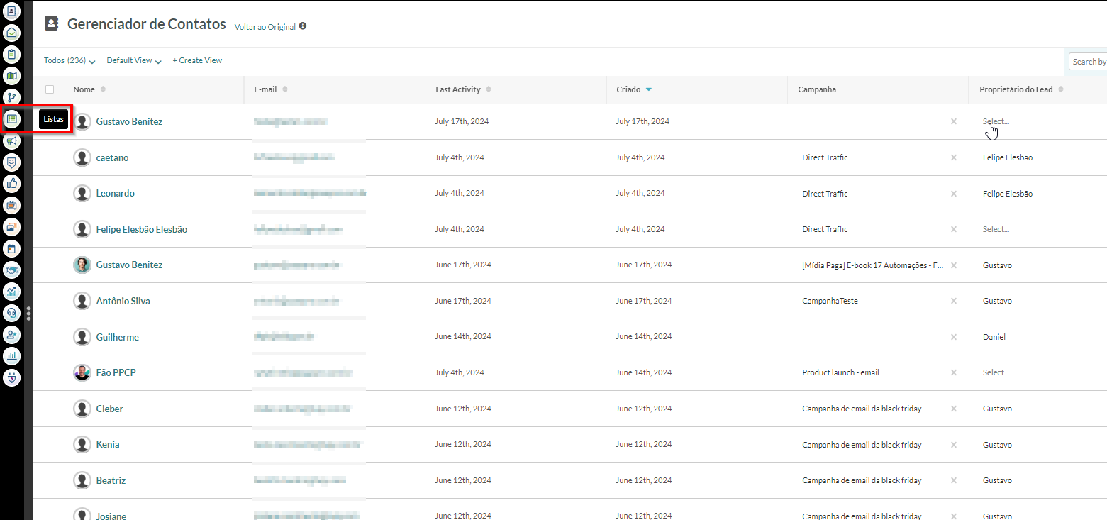 Clique em Listas na barra de ferramentas à esquerda