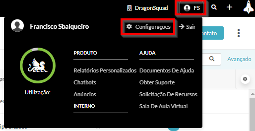 Configurações na navegação superior